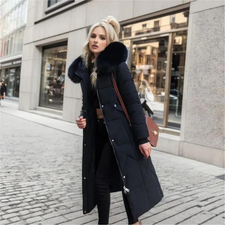 Jessica | Damen Lange Winterjacke mit Kapuze und Fellbesatz