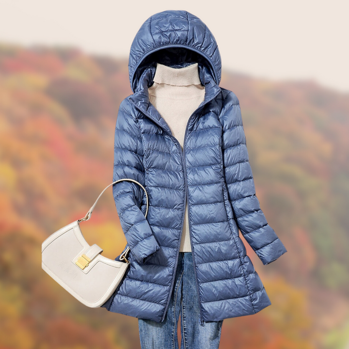 Leonie | Damen Glänzende Lange Steppjacke mit Kapuze