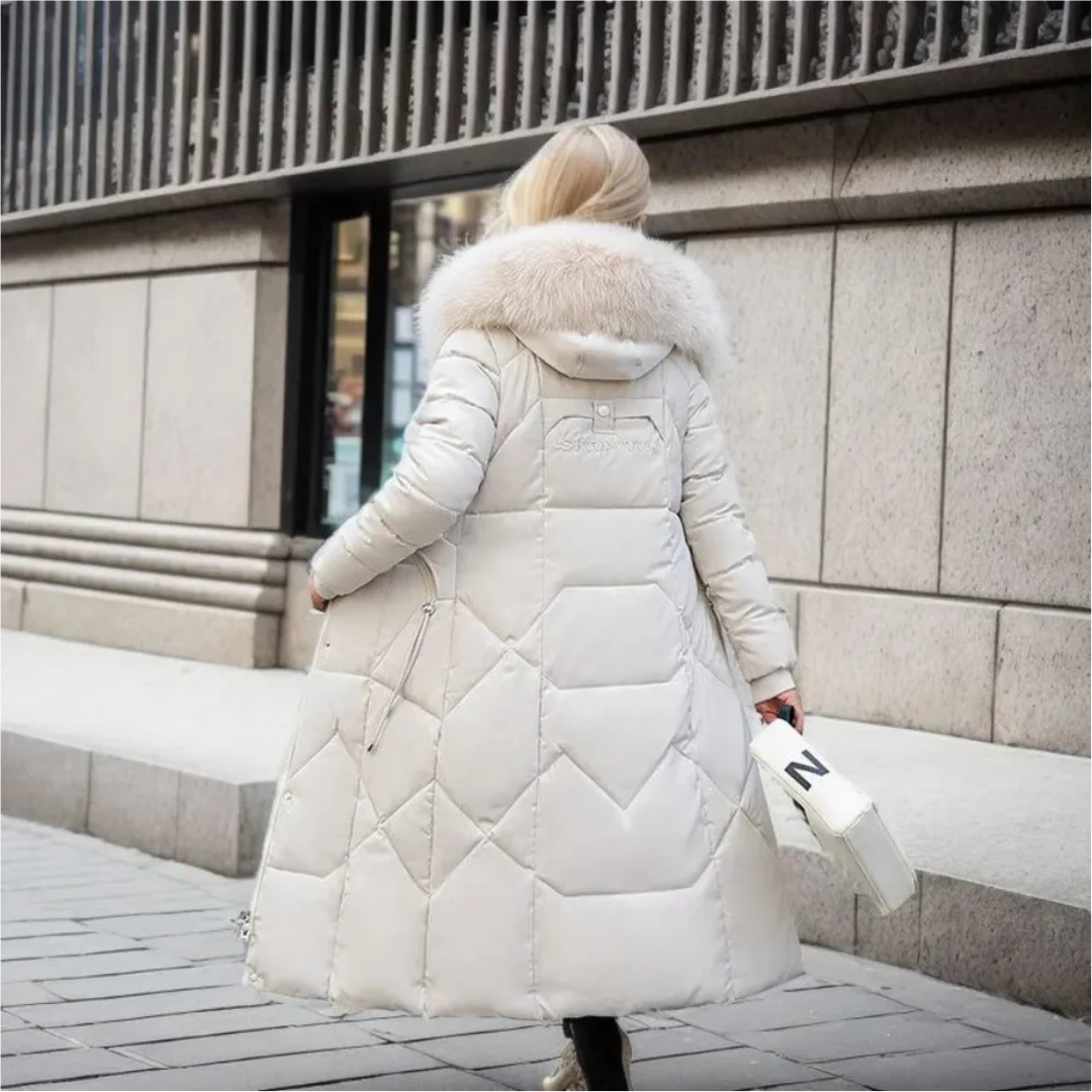 Jessica | Damen Lange Winterjacke mit Kapuze und Fellbesatz