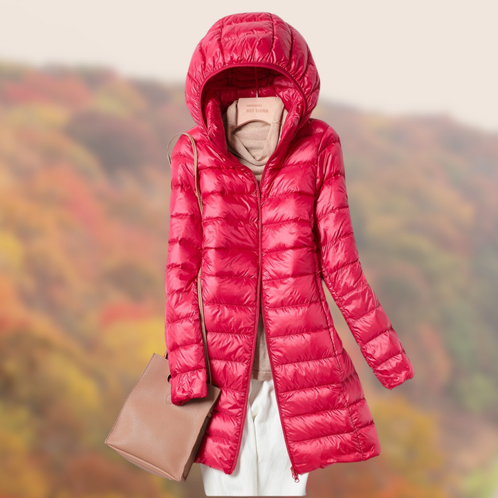 Leonie | Damen Glänzende Lange Steppjacke mit Kapuze