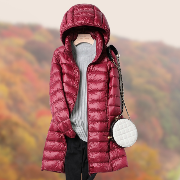 Leonie | Damen Glänzende Lange Steppjacke mit Kapuze