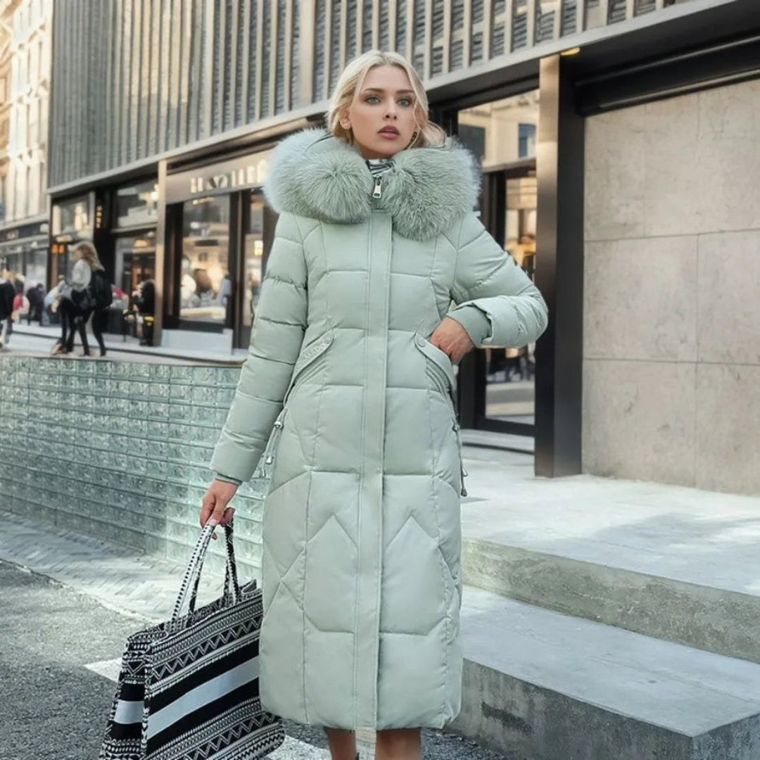 Jessica | Damen Lange Winterjacke mit Kapuze und Fellbesatz