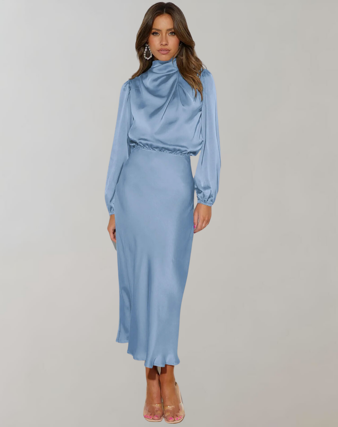 Anna | Damen Elegantes Satin Langarmkleid
