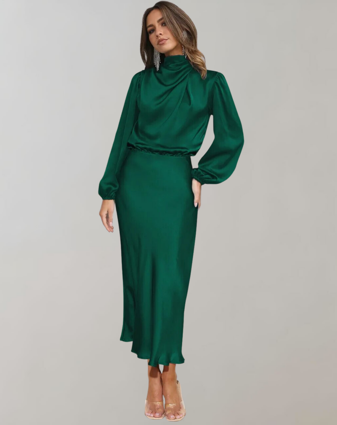 Anna | Damen Elegantes Satin Langarmkleid