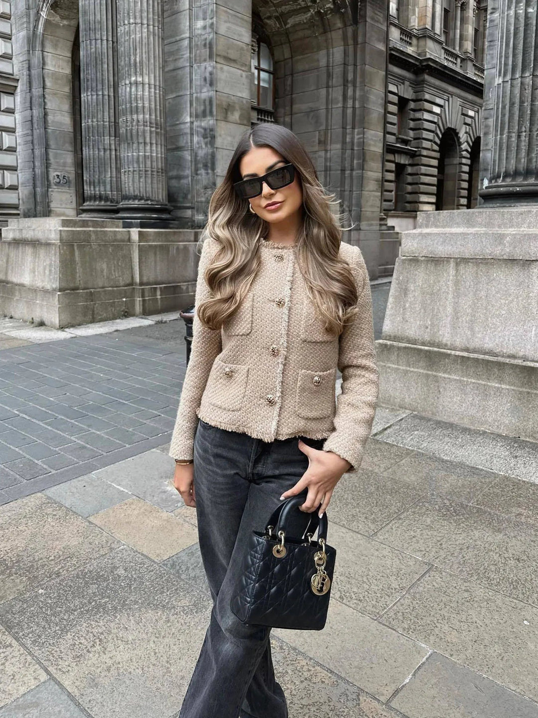Yvonne | Damen Elegante Tweed-Jacke mit Knopfleiste