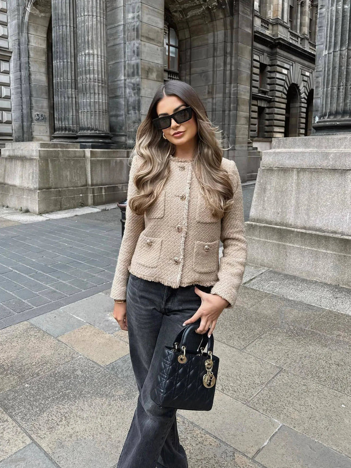 Yvonne | Damen Elegante Tweed-Jacke mit Knopfleiste
