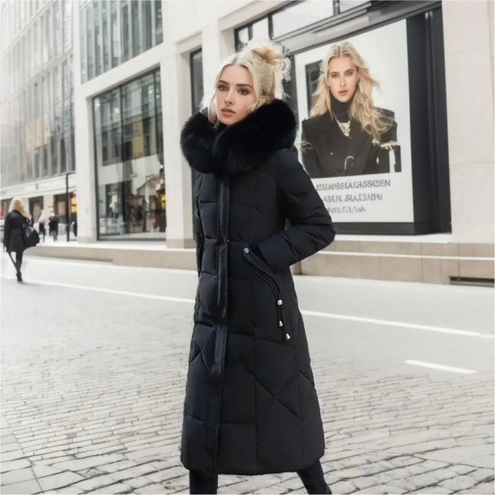 Jessica | Damen Lange Winterjacke mit Kapuze und Fellbesatz