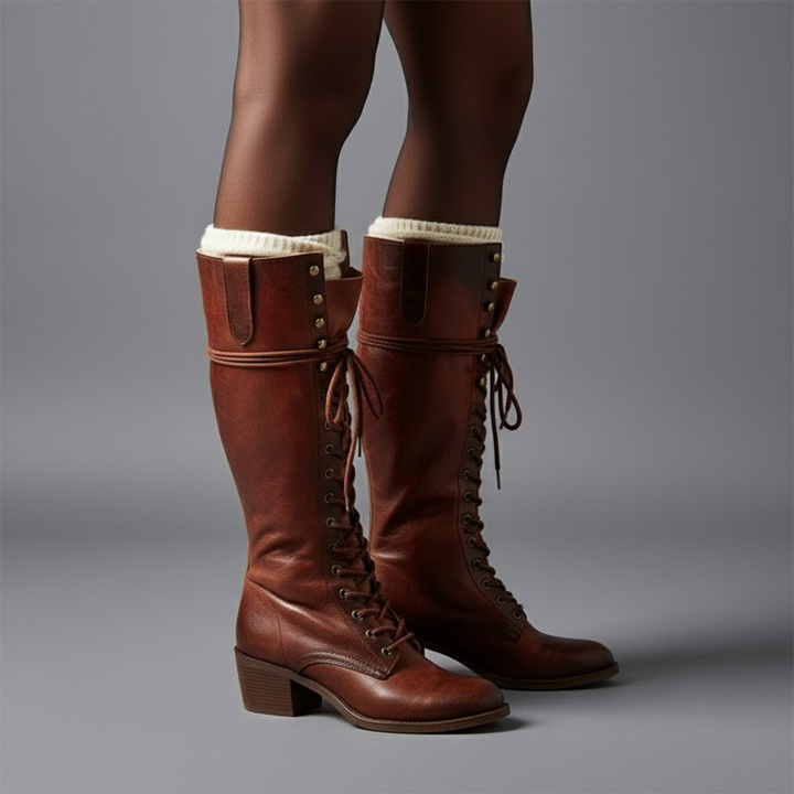 Anja | Damen Kniehohe Stiefel Zum Schnüren Mit Blockabsatz