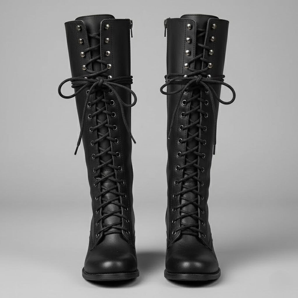 Anja | Damen Kniehohe Stiefel Zum Schnüren Mit Blockabsatz