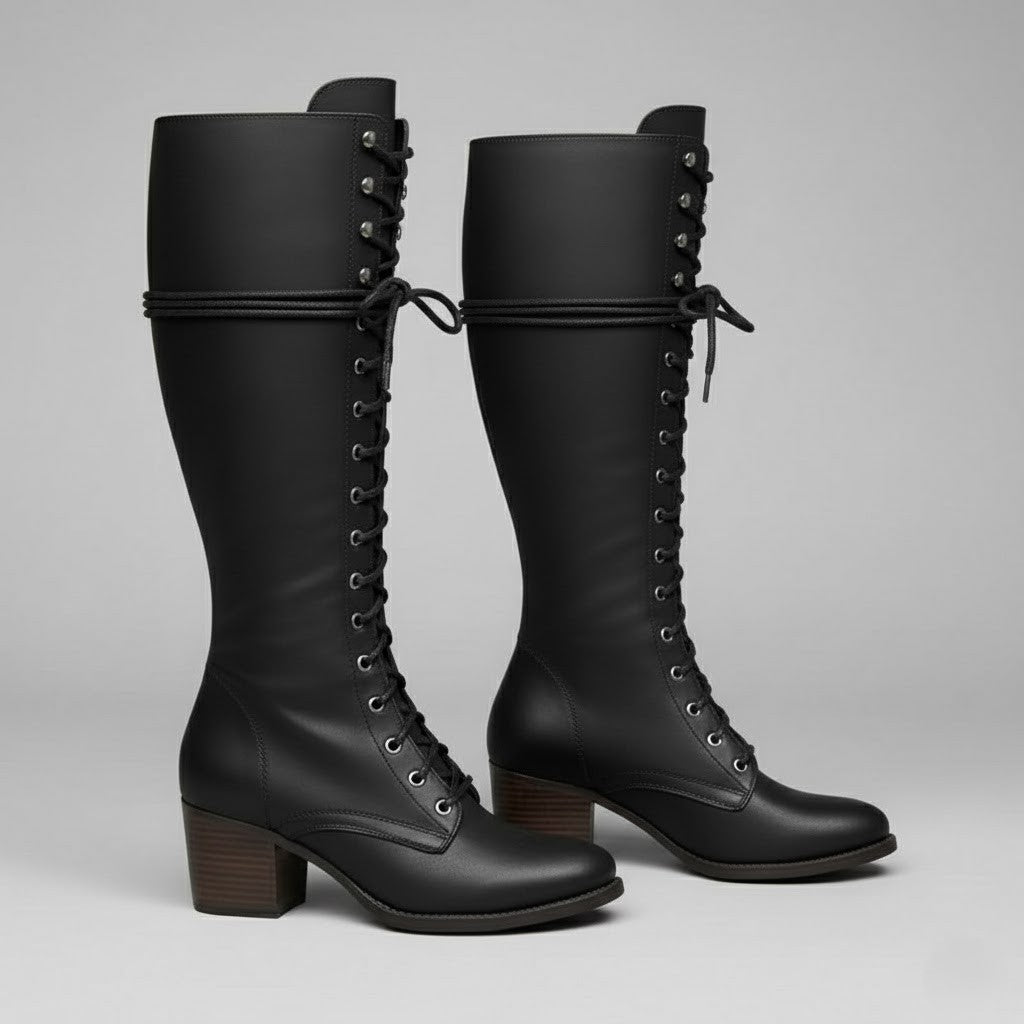 Anja | Damen Kniehohe Stiefel Zum Schnüren Mit Blockabsatz