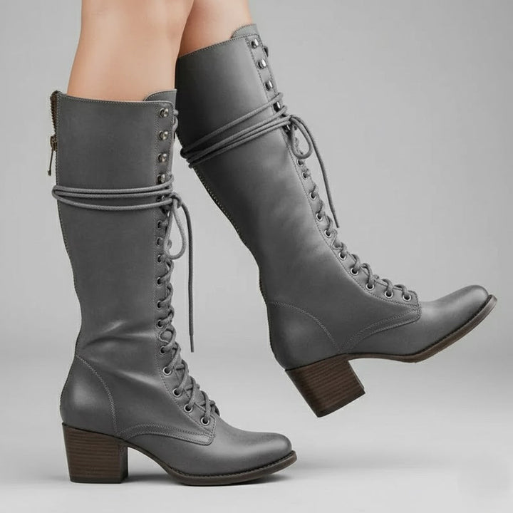 Anja | Damen Kniehohe Stiefel Zum Schnüren Mit Blockabsatz