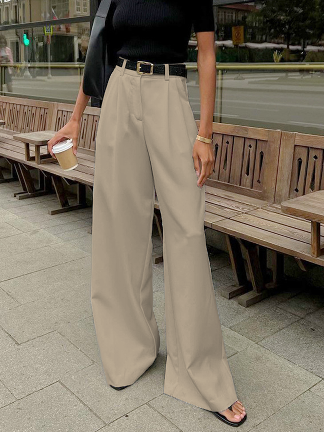 Katharina | Damen Plissierte Vorderseite Weite-Hosen mit Gürtel
