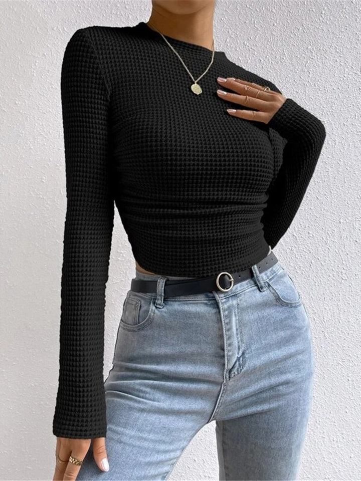 Jana | Damen Langarm Crop-Top Aus Waffelstrick