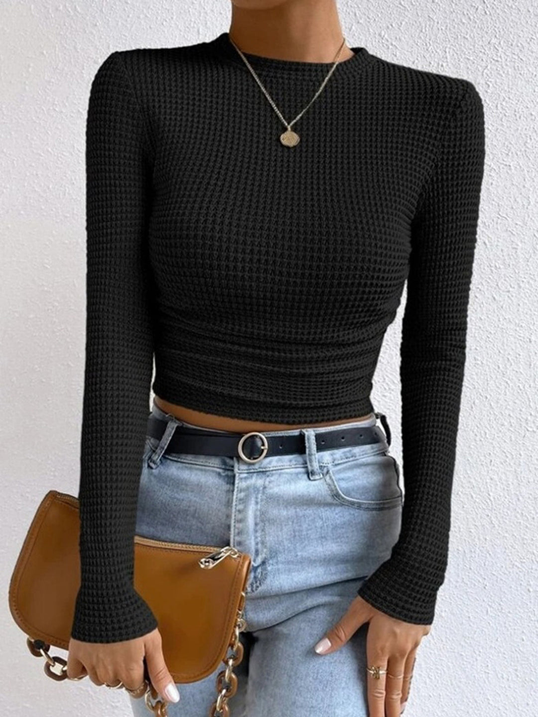 Jana | Damen Langarm Crop-Top Aus Waffelstrick