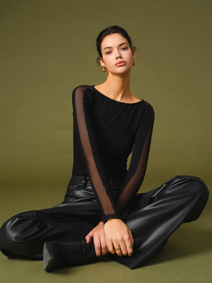 Felicia | Damen Frühlings Stylisches Mesh-Ärmel T-Shirt