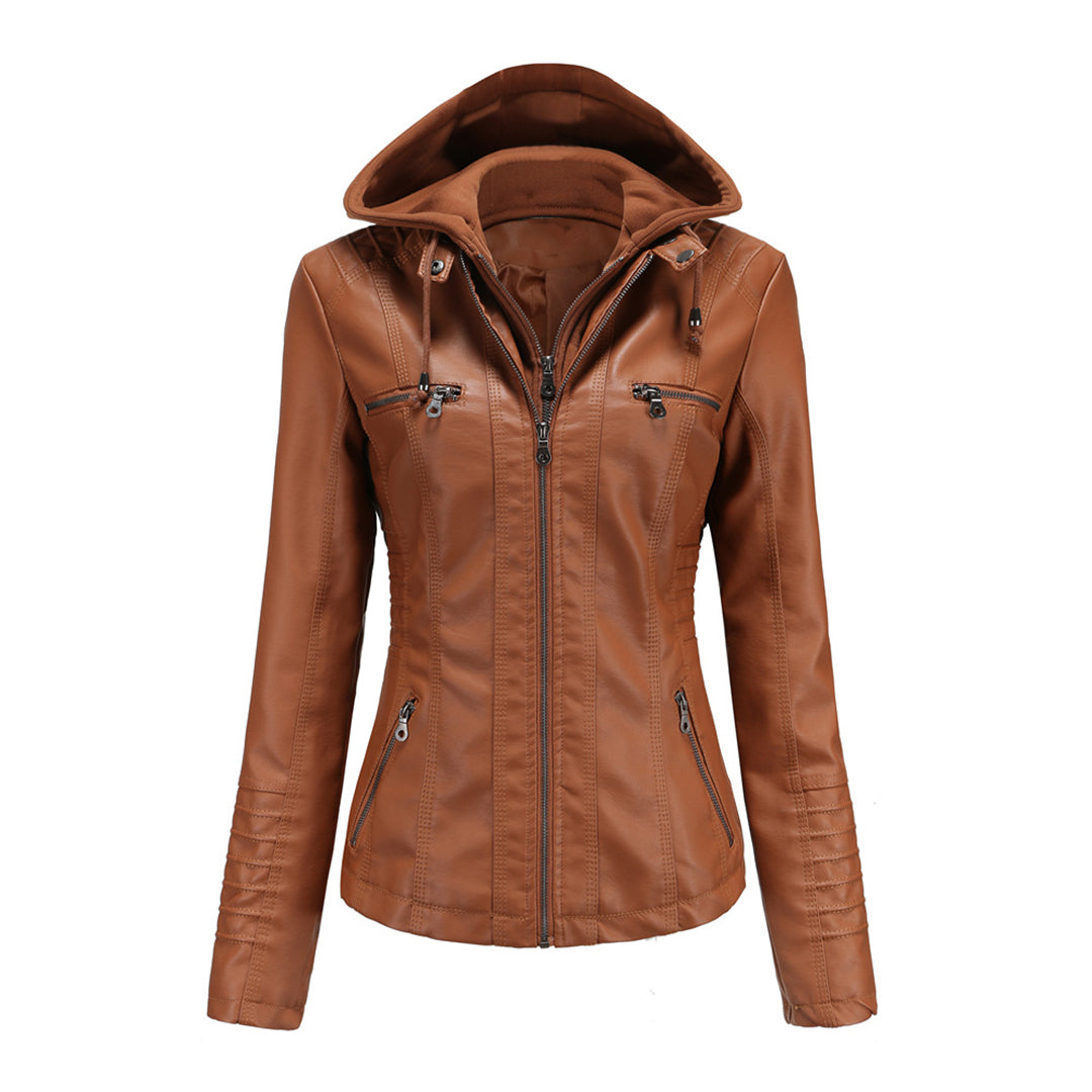 Lara | Damen Kunstleder-Motorradjacke mit Kapuze