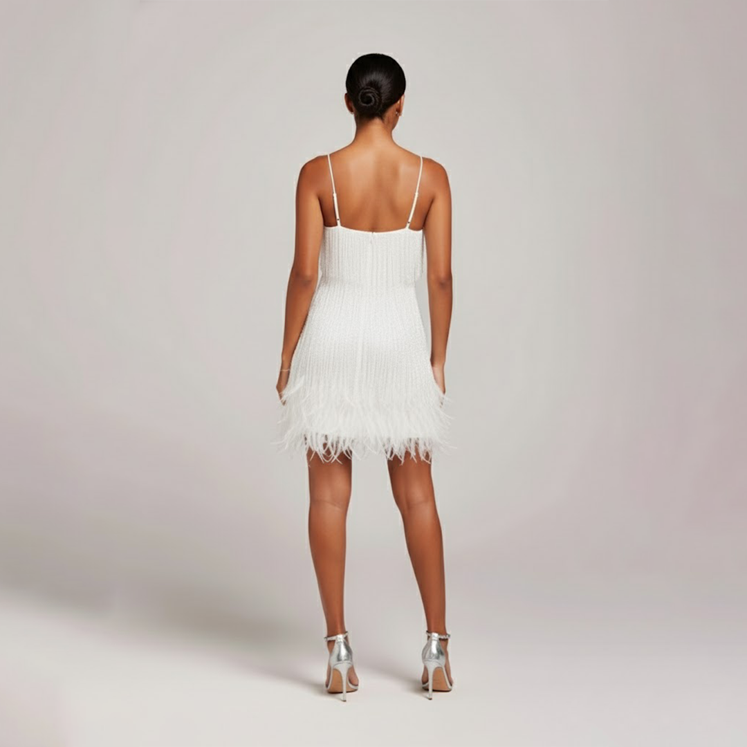 Sandra | Damen Mini Partykleid Mit Fransen Und Federn