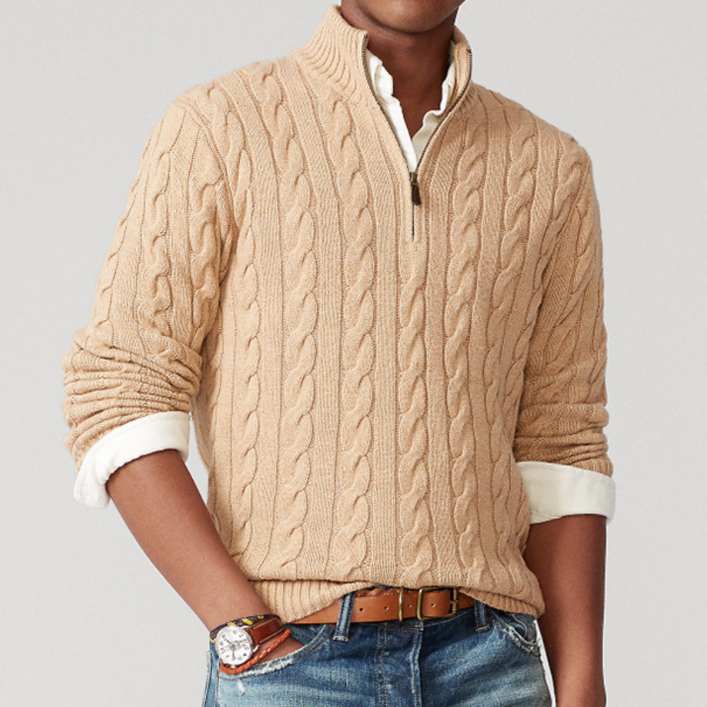 Heinrich | Herren Frühling Viertelzip Strickpullover mit Zopfmuster