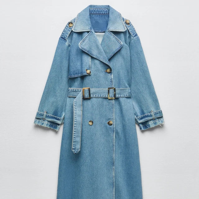 Carolin | Damen Langer Jeans-Trenchcoat mit Gürtel