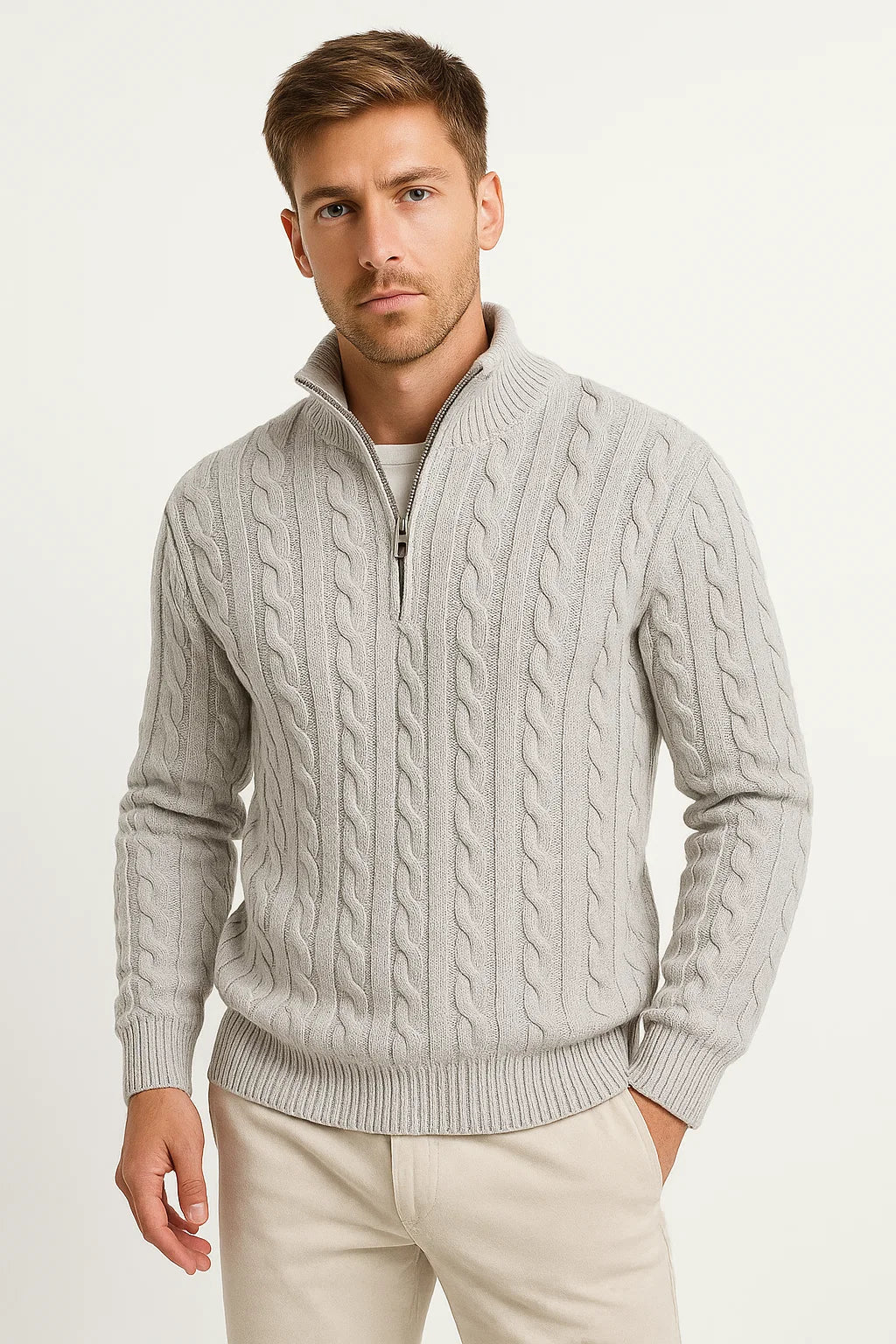 Konrad | Herren Frühlings Strickpullover mit Zopfmuster und Reißverschluss am Kragen