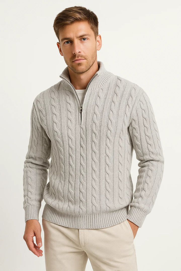 Konrad | Herren Frühlings Strickpullover mit Zopfmuster und Reißverschluss am Kragen