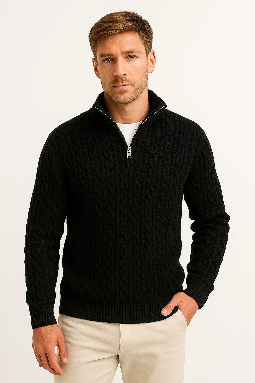 Konrad | Herren Frühlings Strickpullover mit Zopfmuster und Reißverschluss am Kragen