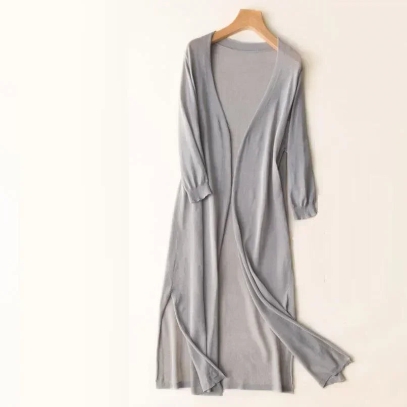 Leonie | Damen Leichte Lange Strickjacke im Drapé-Stil