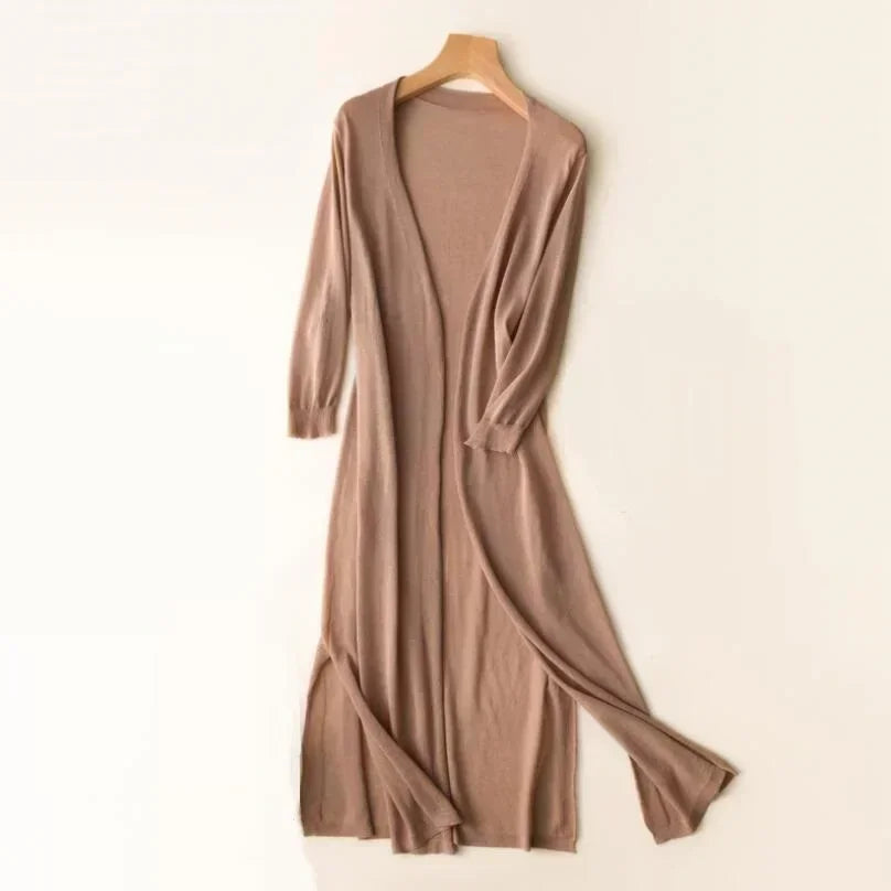 Leonie | Damen Leichte Lange Strickjacke im Drapé-Stil