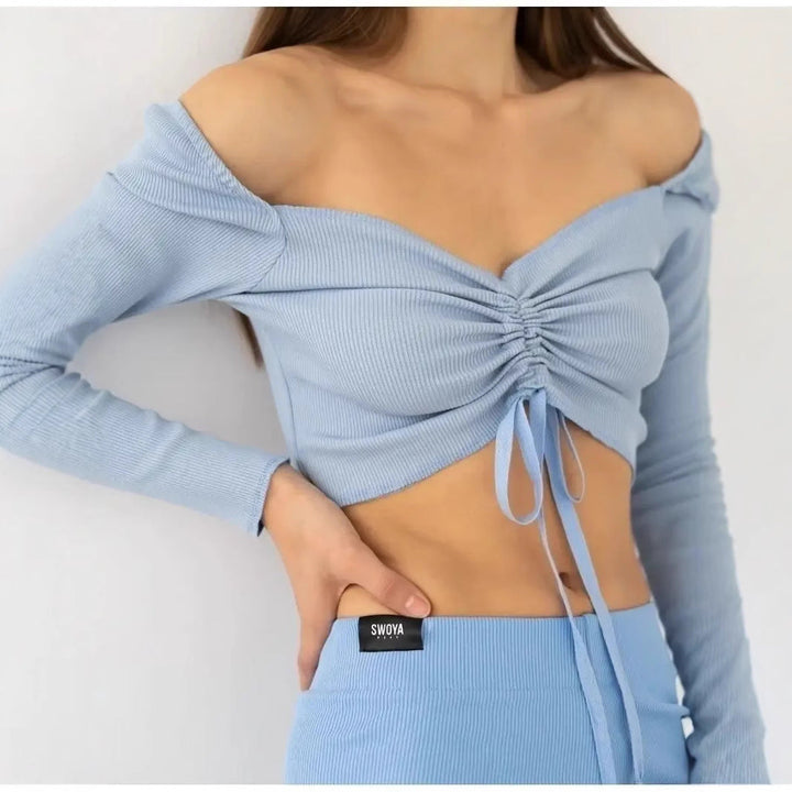 Jessica | Damen Langarm Crop-Top Mit Geraffter Vorderseite