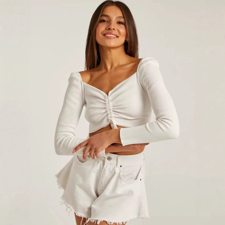Jessica | Damen Langarm Crop-Top Mit Geraffter Vorderseite