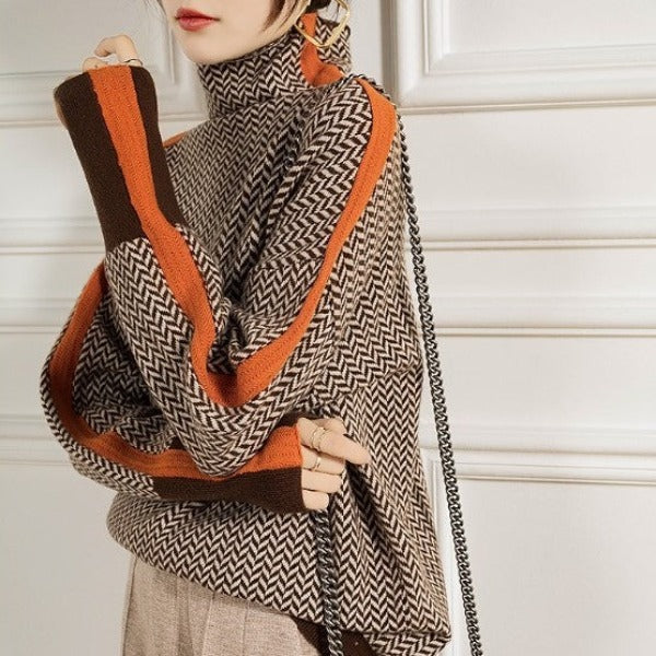 Anna | Damen Luxus Fischgrät Rollkragenpullover