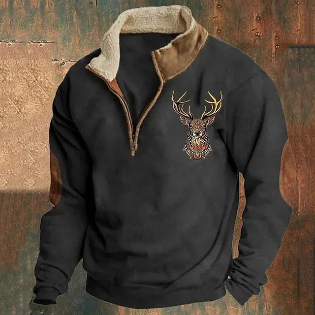 Walter | Herren Winter Fleece Pullover mit Hirschmotiv und Reißverschlusskragen