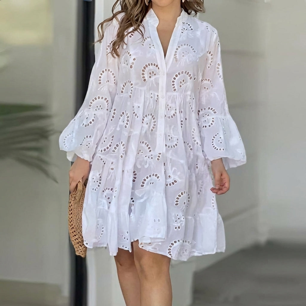 Clara | Damen Boho Midi-Kleid Stufenrock V-Ausschnitt Dreiviertelarm