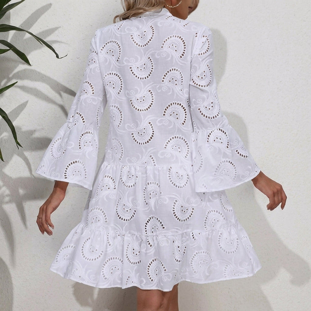 Clara | Damen Boho Midi-Kleid Stufenrock V-Ausschnitt Dreiviertelarm