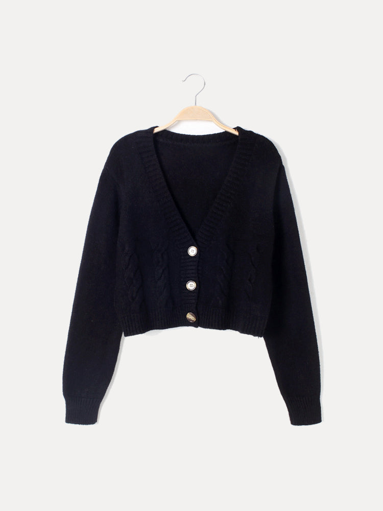 Christa | Damen Zopfmuster-Strickjacke mit V-Ausschnitt und Knöpfen