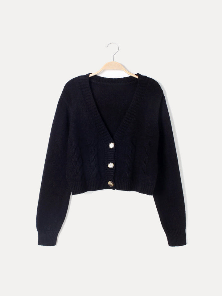 Christa | Damen Zopfmuster-Strickjacke mit V-Ausschnitt und Knöpfen