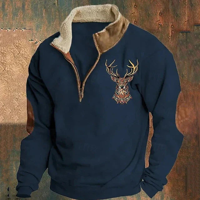 Walter | Herren Winter Fleece Pullover mit Hirschmotiv und Reißverschlusskragen