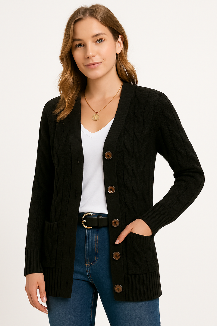 Andrea | Damen Frühlings Zopfmuster Strickcardigan