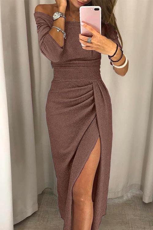 Abendkleid Off-Shoulder Wickelkleid mit Schlitz Elegant - Brown