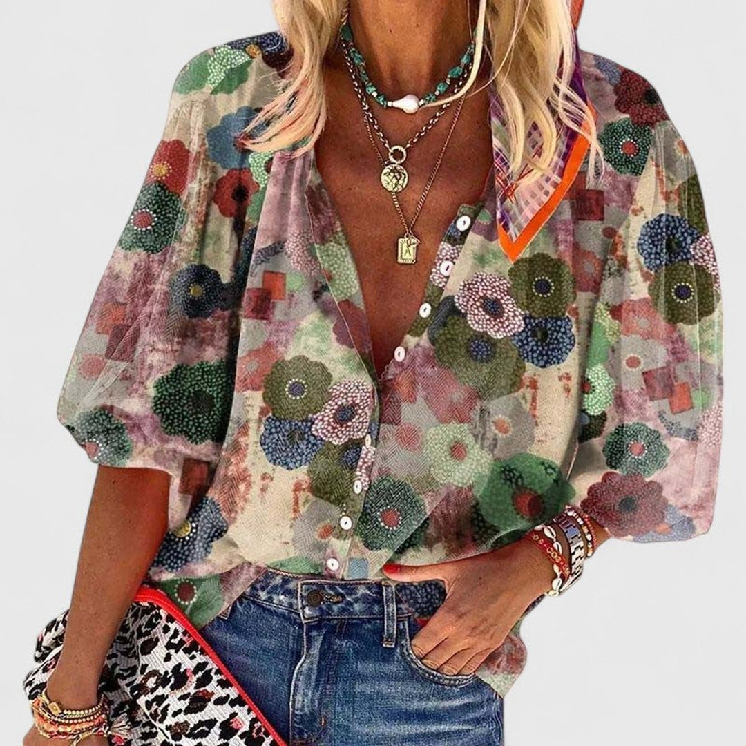 Amelia Damen Bluse mit Blumendruck V-Ausschnitt Knopfleiste Relaxed Fit - Grün