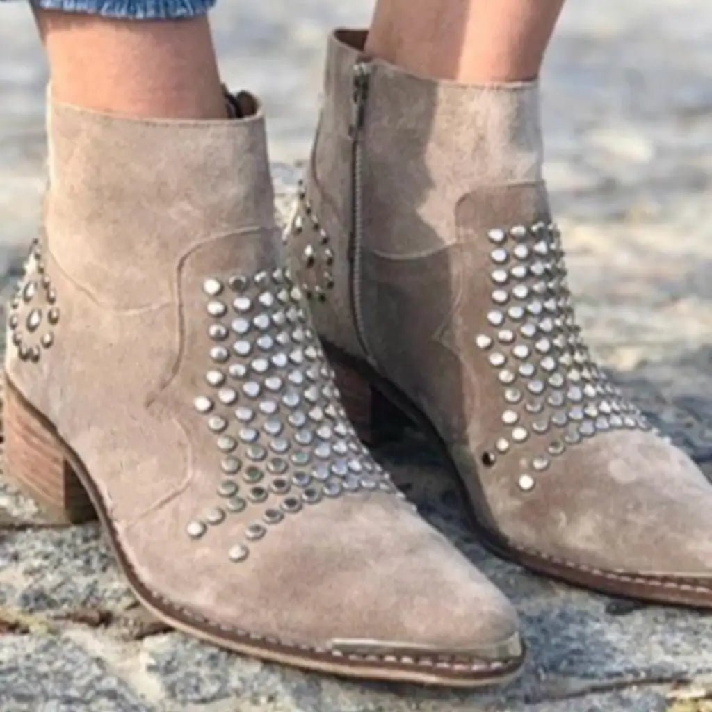 Ankle Boots Nieten Spitze Zehe Blockabsatz Reißverschluss