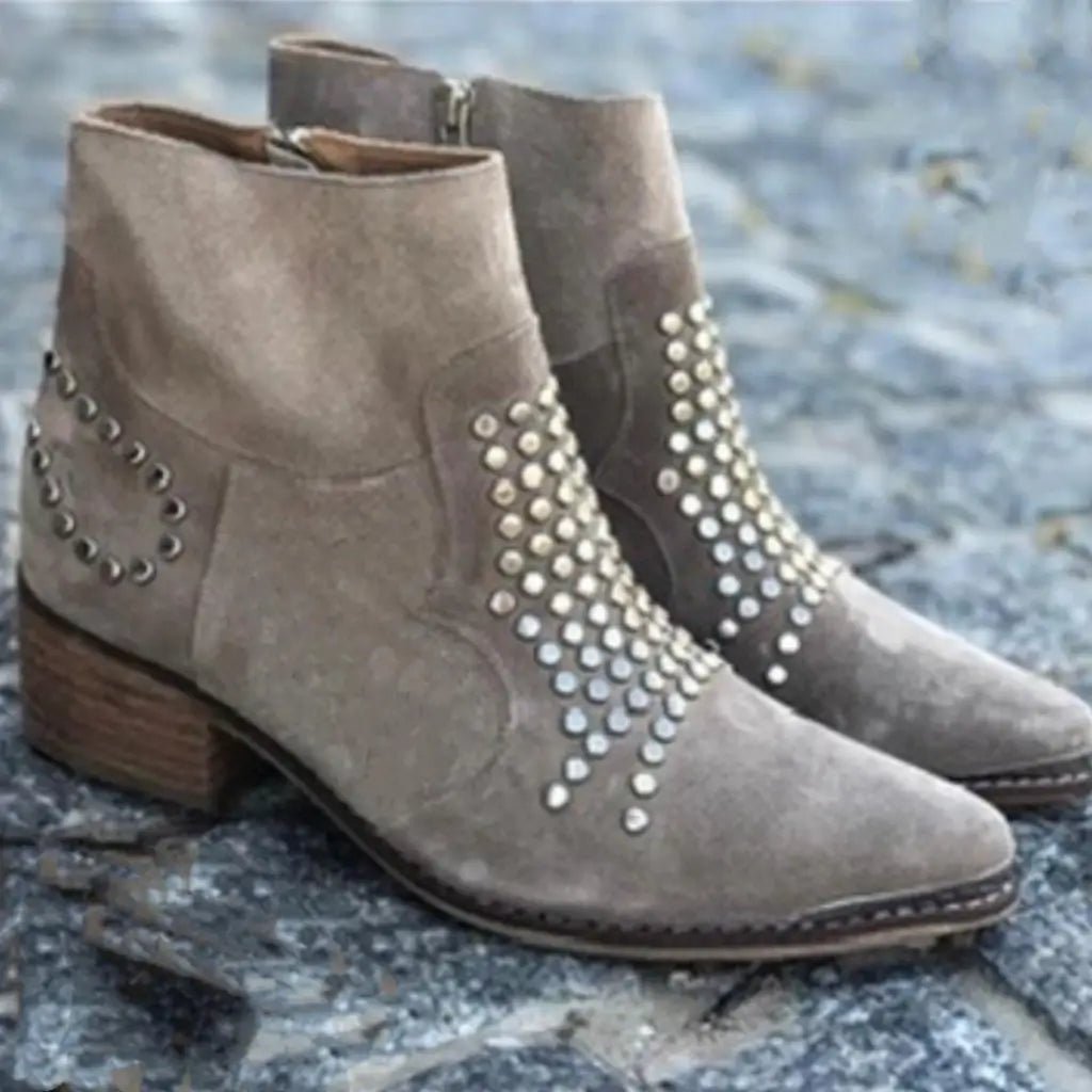 Ankle Boots Nieten Spitze Zehe Blockabsatz Reißverschluss