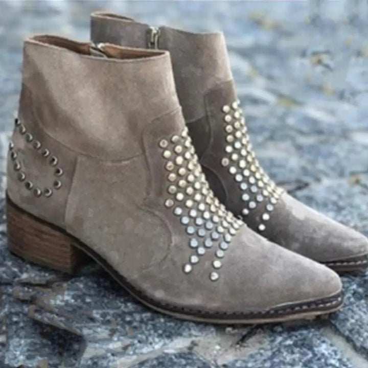 Ankle Boots Nieten Spitze Zehe Blockabsatz Reißverschluss