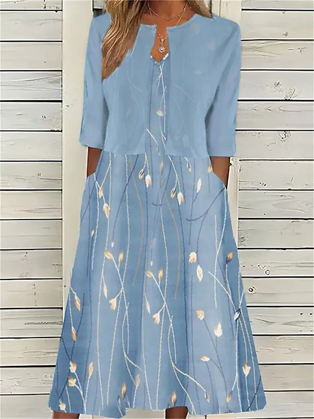 Blumen Midi Kleid Halbärmel Rundhals Lässig