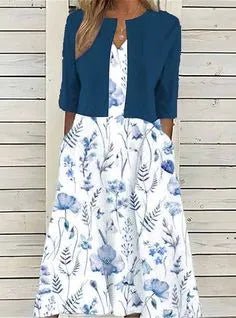 Blumen Midi Kleid Halbärmel Rundhals Lässig - Dunkelblau