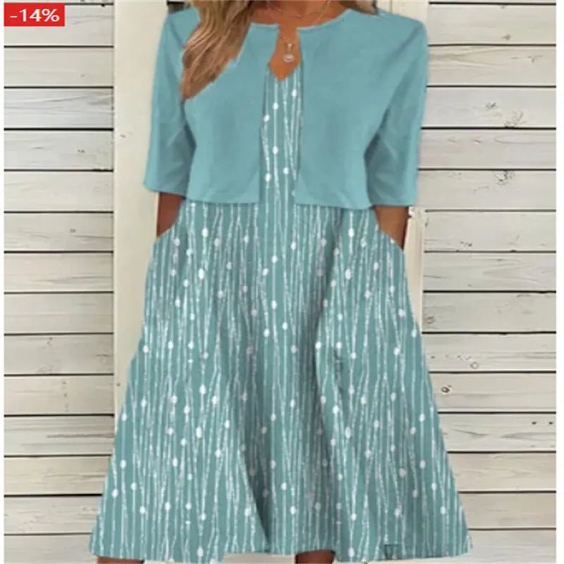 Blumen Midi Kleid Halbärmel Rundhals Lässig - Grünblau