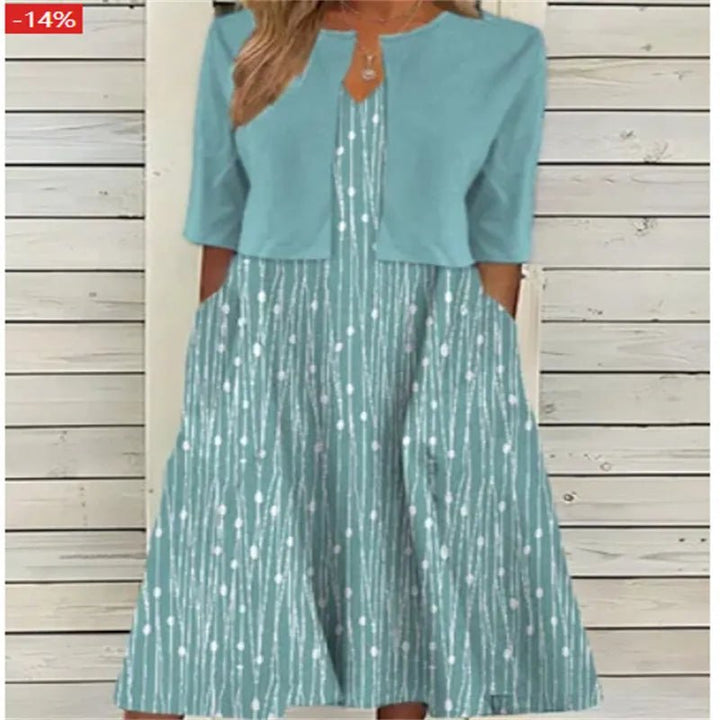 Blumen Midi Kleid Halbärmel Rundhals Lässig - Grünblau