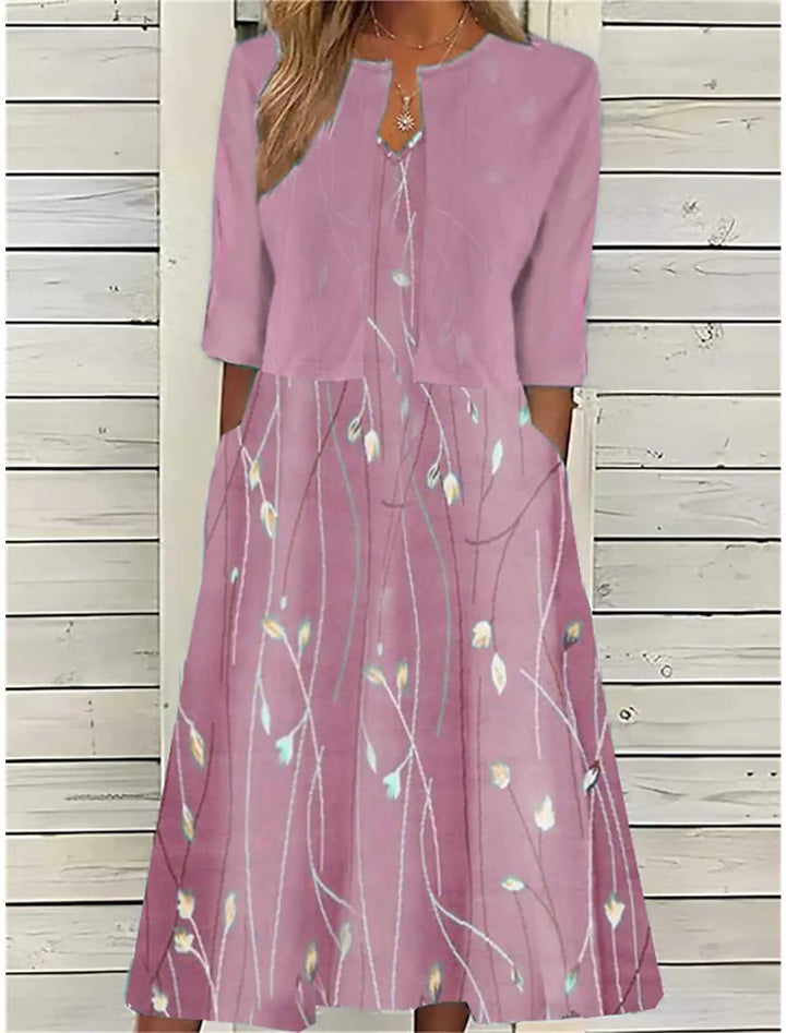 Blumen Midi Kleid Halbärmel Rundhals Lässig - Rosa