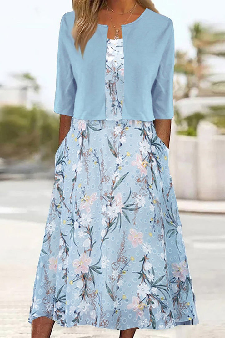 Blumen Midi Kleid Halbärmel Rundhals Lässig - Hellblau