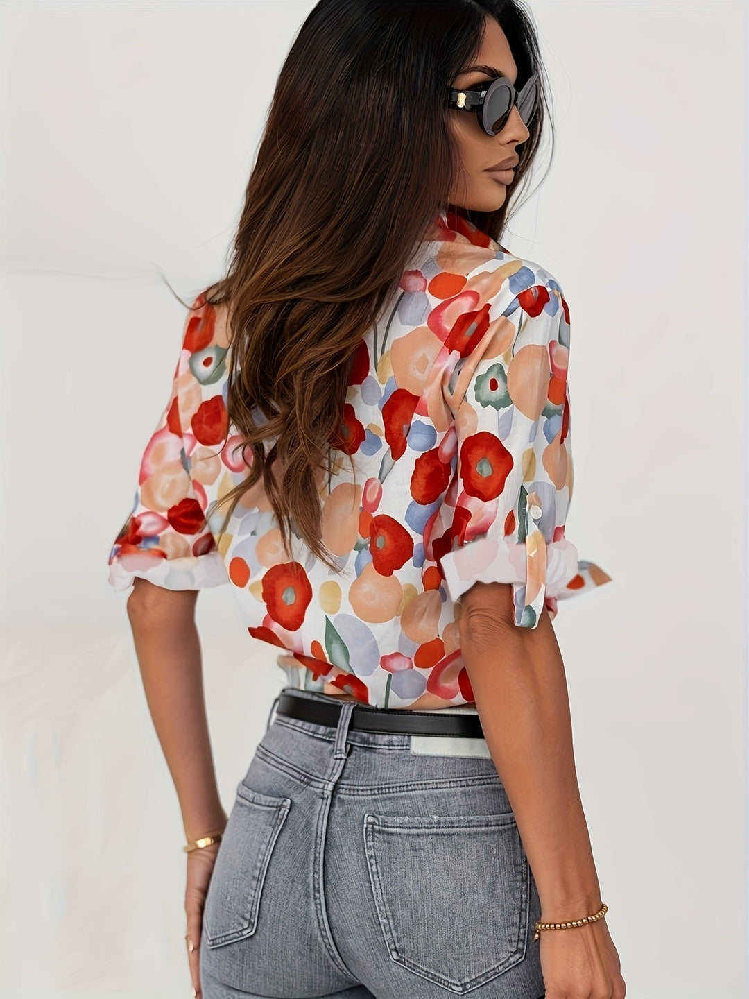 Bluse Damen Langarm Blumenmuster Knopfleiste Hemdkragen